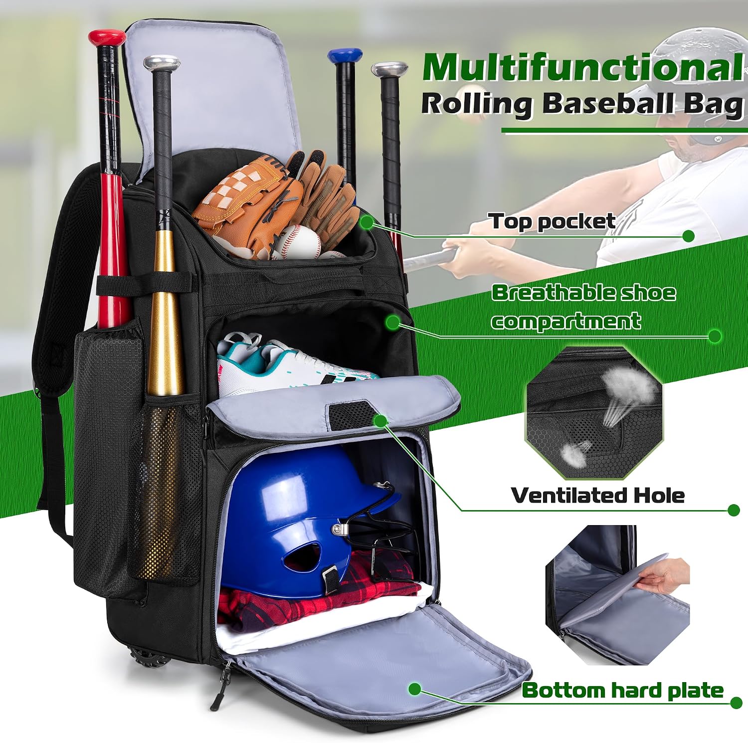Rolling Baseball Backpack With - Sports Equipment Bat recension och pris